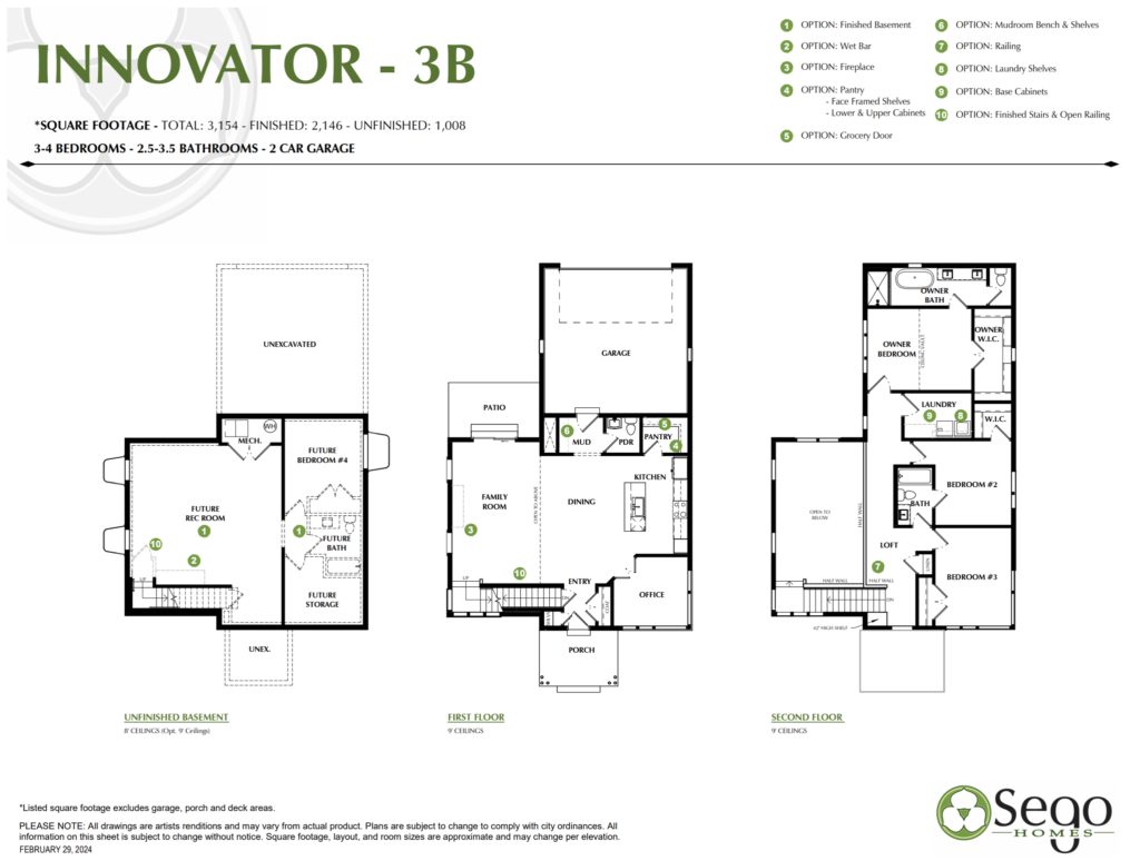 The floor plan of the Innovator - 3B by Sego Homes features a two-story layout with a basement, labeled rooms, and a garage. Nestled in the heart of Cascade Village, this design offers modern living with both style and functionality.